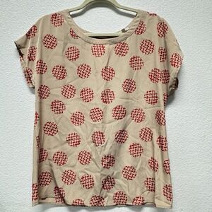 Pleione Top Red Tan Boho Crew Circle Print Short Sleeve Medium Work Night Out